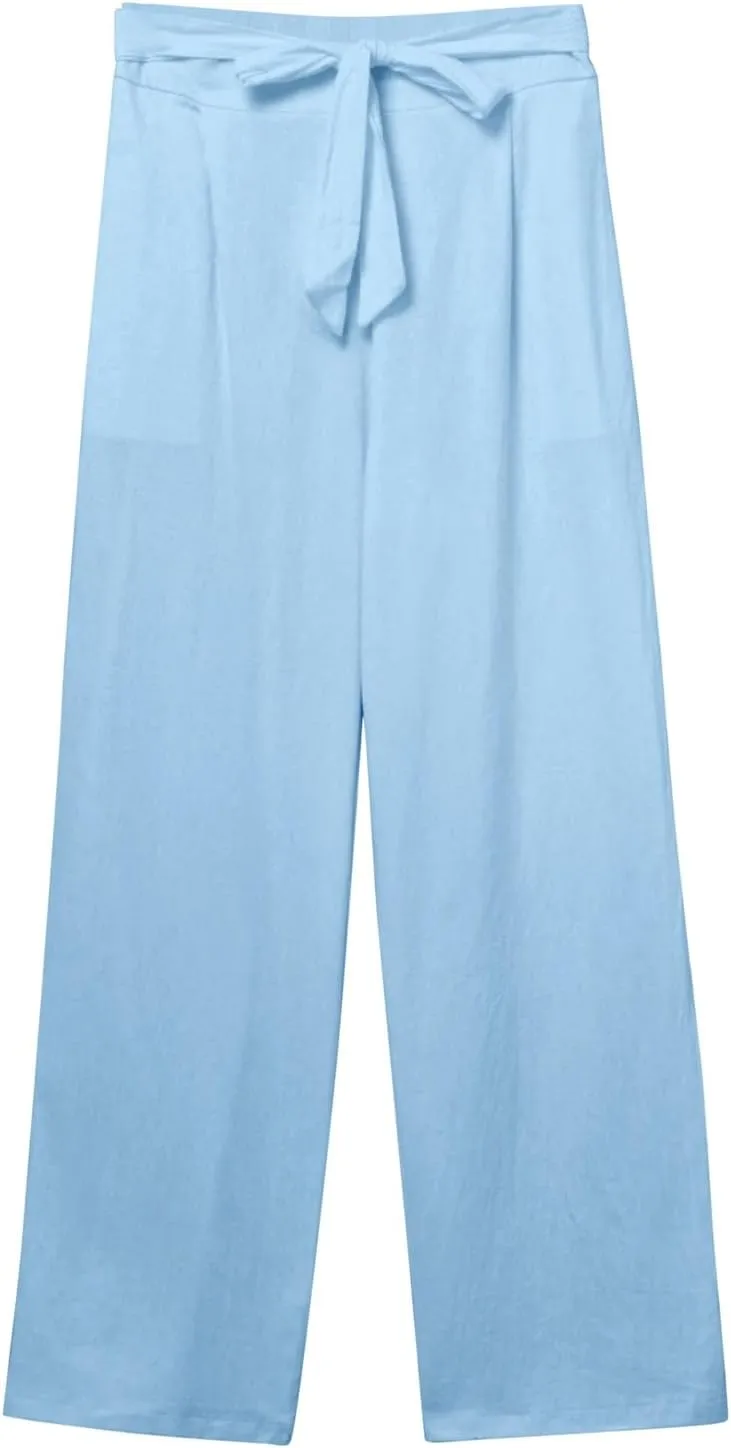 Womens Linen Blend Summer Y2K Streetwear Palazzo Pants Elastic Waist Bootcut Slim-Fit Trousers Beach