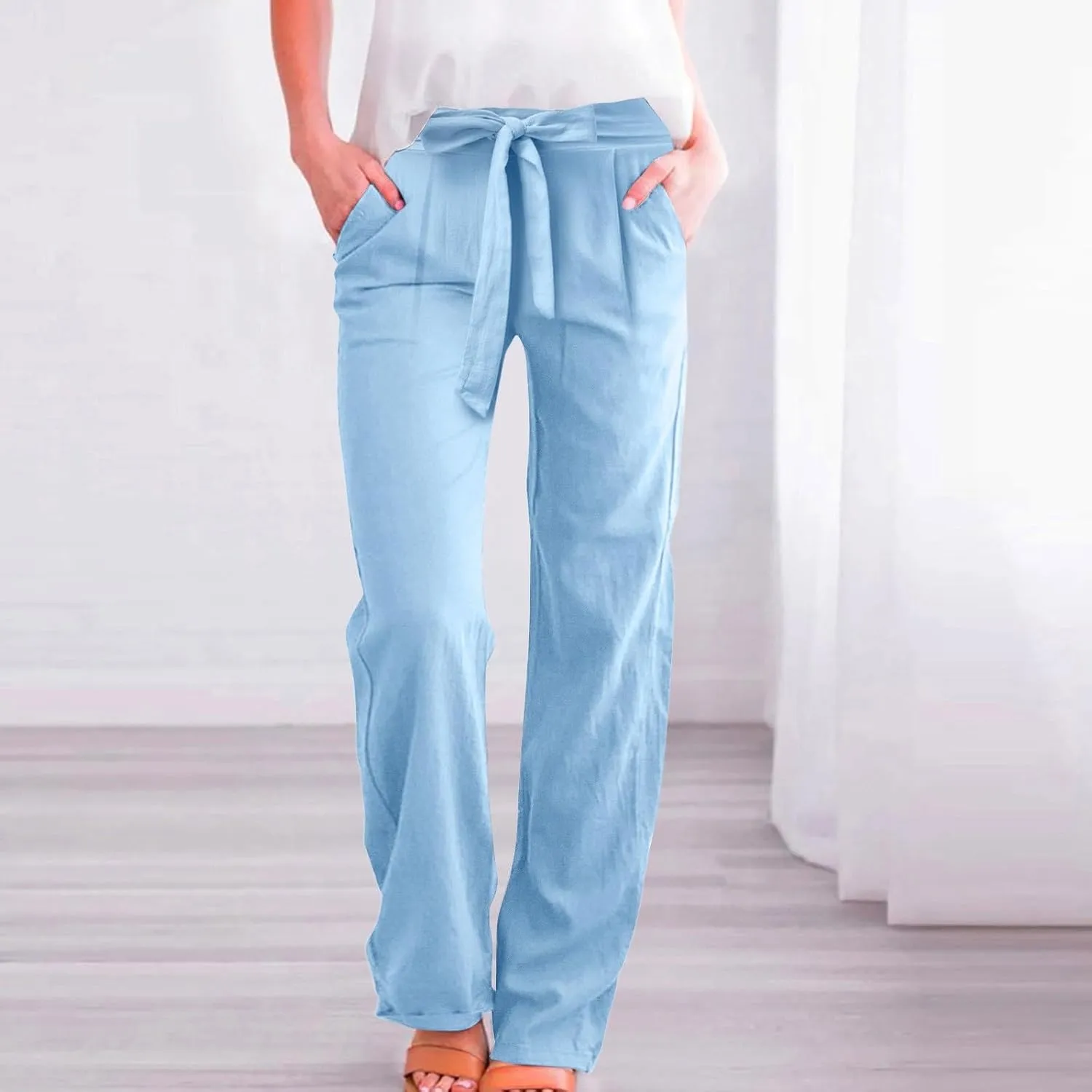 Womens Linen Blend Summer Y2K Streetwear Palazzo Pants Elastic Waist Bootcut Slim-Fit Trousers Beach