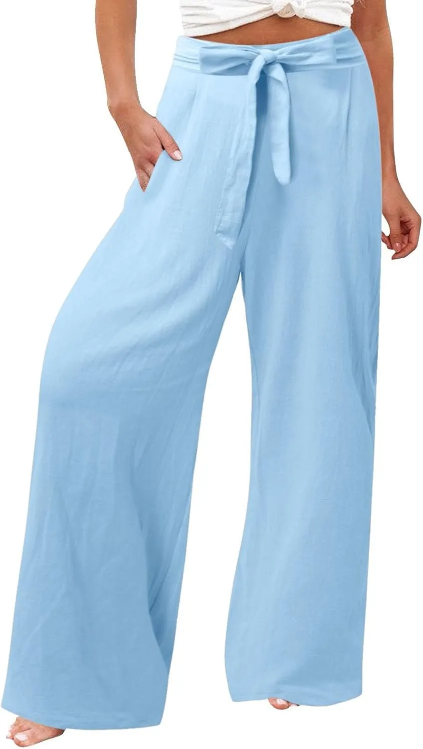 Womens Linen Blend Summer Y2K Streetwear Palazzo Pants Elastic Waist Bootcut Slim-Fit Trousers Beach