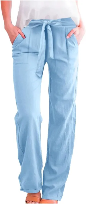 Womens Linen Blend Summer Y2K Streetwear Palazzo Pants Elastic Waist Bootcut Slim-Fit Trousers Beach