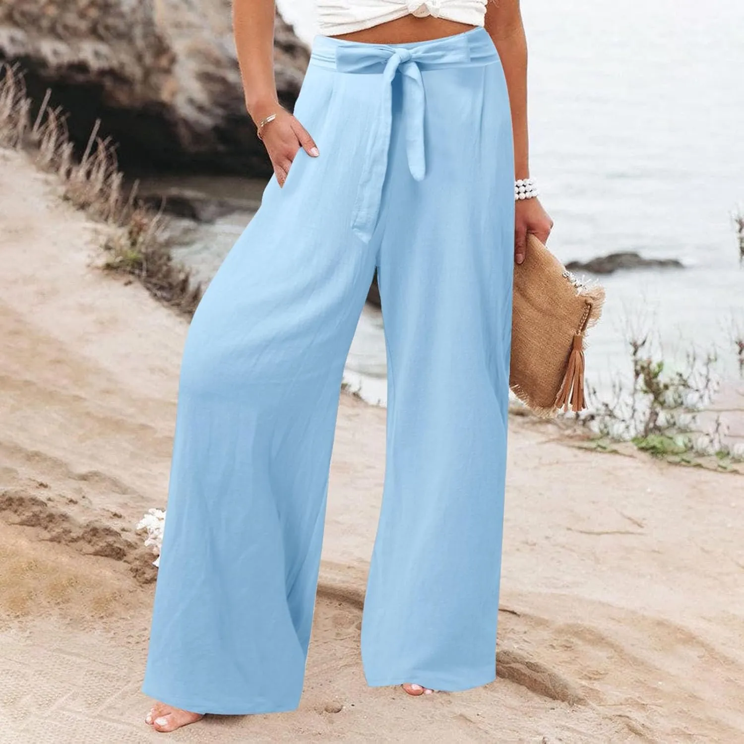 Womens Linen Blend Summer Y2K Streetwear Palazzo Pants Elastic Waist Bootcut Slim-Fit Trousers Beach