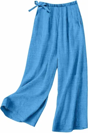 Women's Linen Blend Wide Leg Pants Tie Elastic Waist Casual Palazzo Trousers with Pockets Casual Beach Long Slacks
