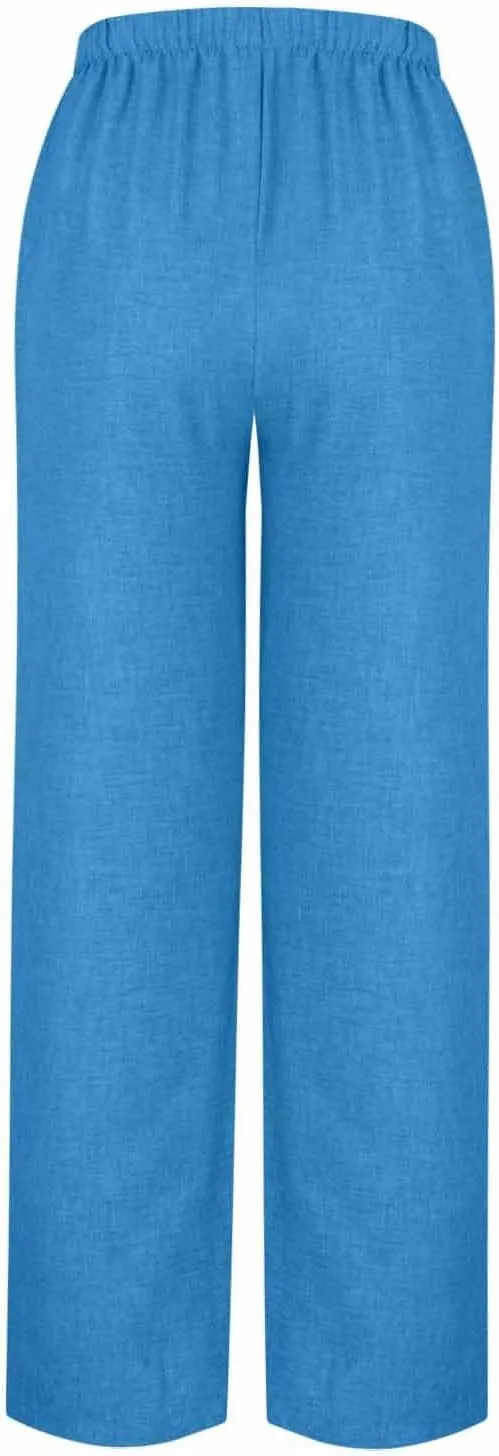 Women's Linen Blend Wide Leg Pants Tie Elastic Waist Casual Palazzo Trousers with Pockets Casual Beach Long Slacks