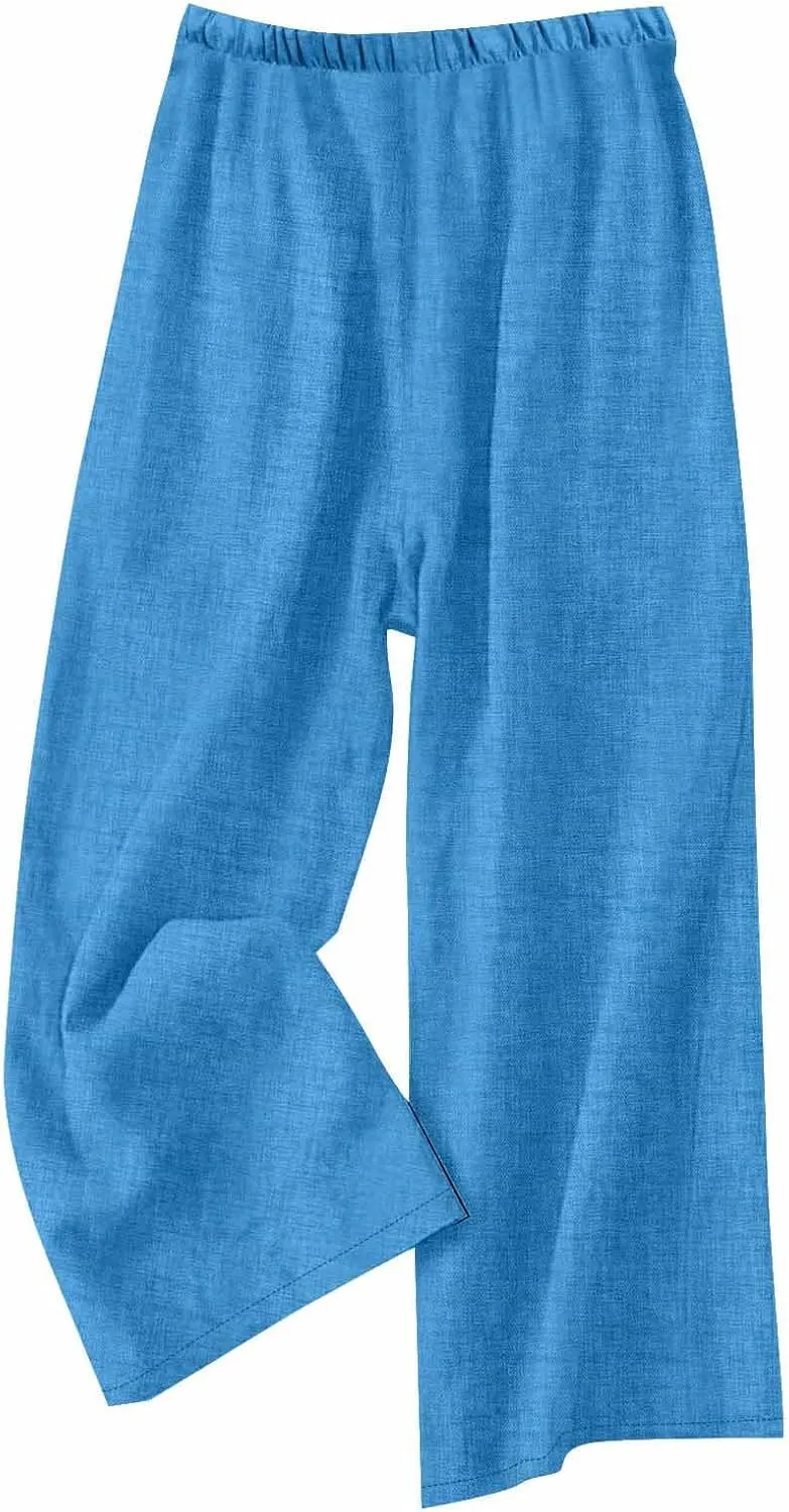 Women's Linen Blend Wide Leg Pants Tie Elastic Waist Casual Palazzo Trousers with Pockets Casual Beach Long Slacks
