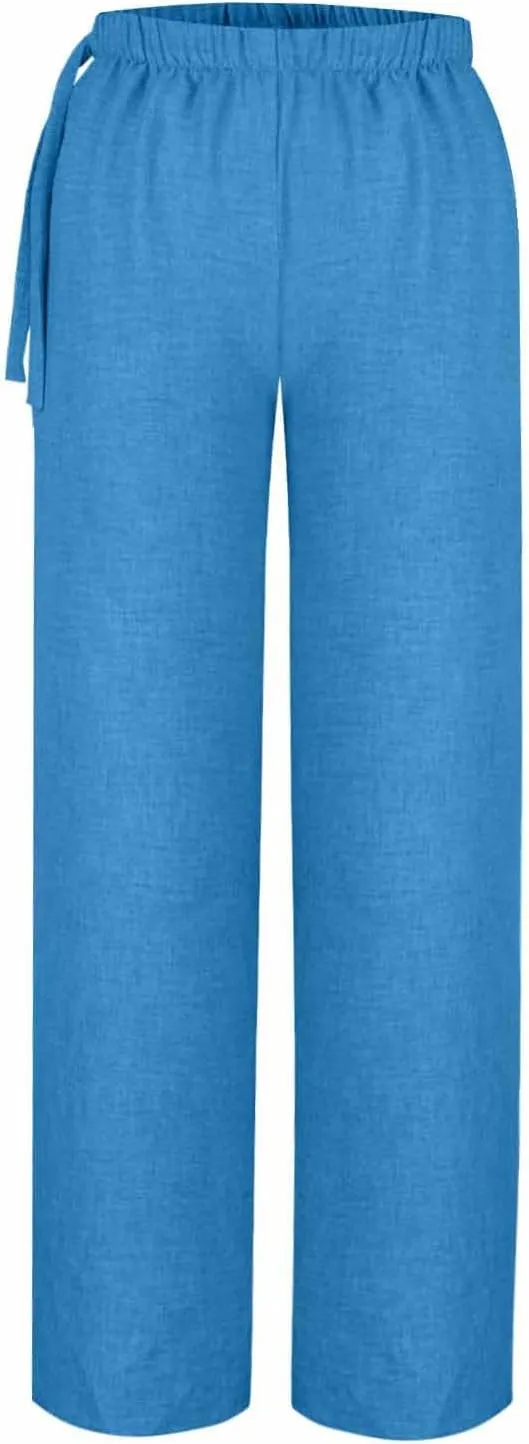 Women's Linen Blend Wide Leg Pants Tie Elastic Waist Casual Palazzo Trousers with Pockets Casual Beach Long Slacks