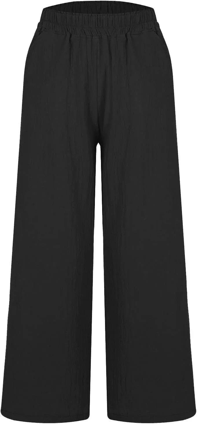 Womens Linen Capri Pants Wide Leg Palazzo Lounge Pant Summer High Waisted Flowy 2024 Beach Work Boho Casual Trousers