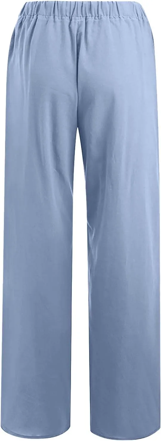 Women's Linen Cotton Pants Summer Drawstring Waist Wide Leg Lounge Palazzo Trouser Casual Loose Yoga Trousers