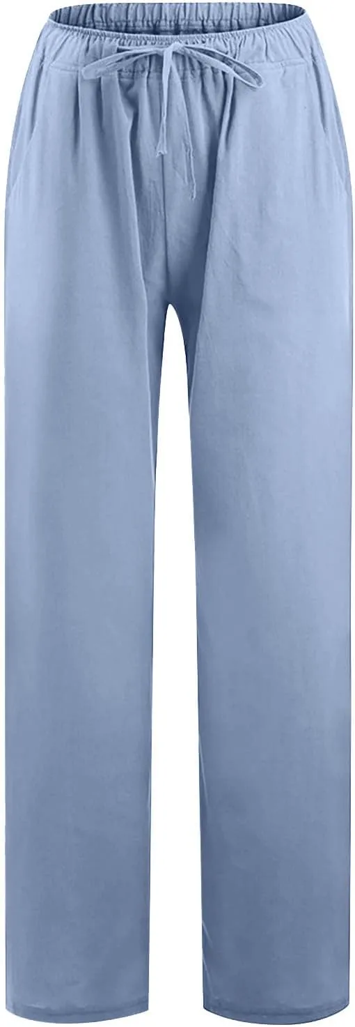 Women's Linen Cotton Pants Summer Drawstring Waist Wide Leg Lounge Palazzo Trouser Casual Loose Yoga Trousers