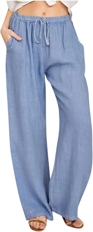 Women's Linen Cotton Pants Summer Drawstring Waist Wide Leg Lounge Palazzo Trouser Casual Loose Yoga Trousers