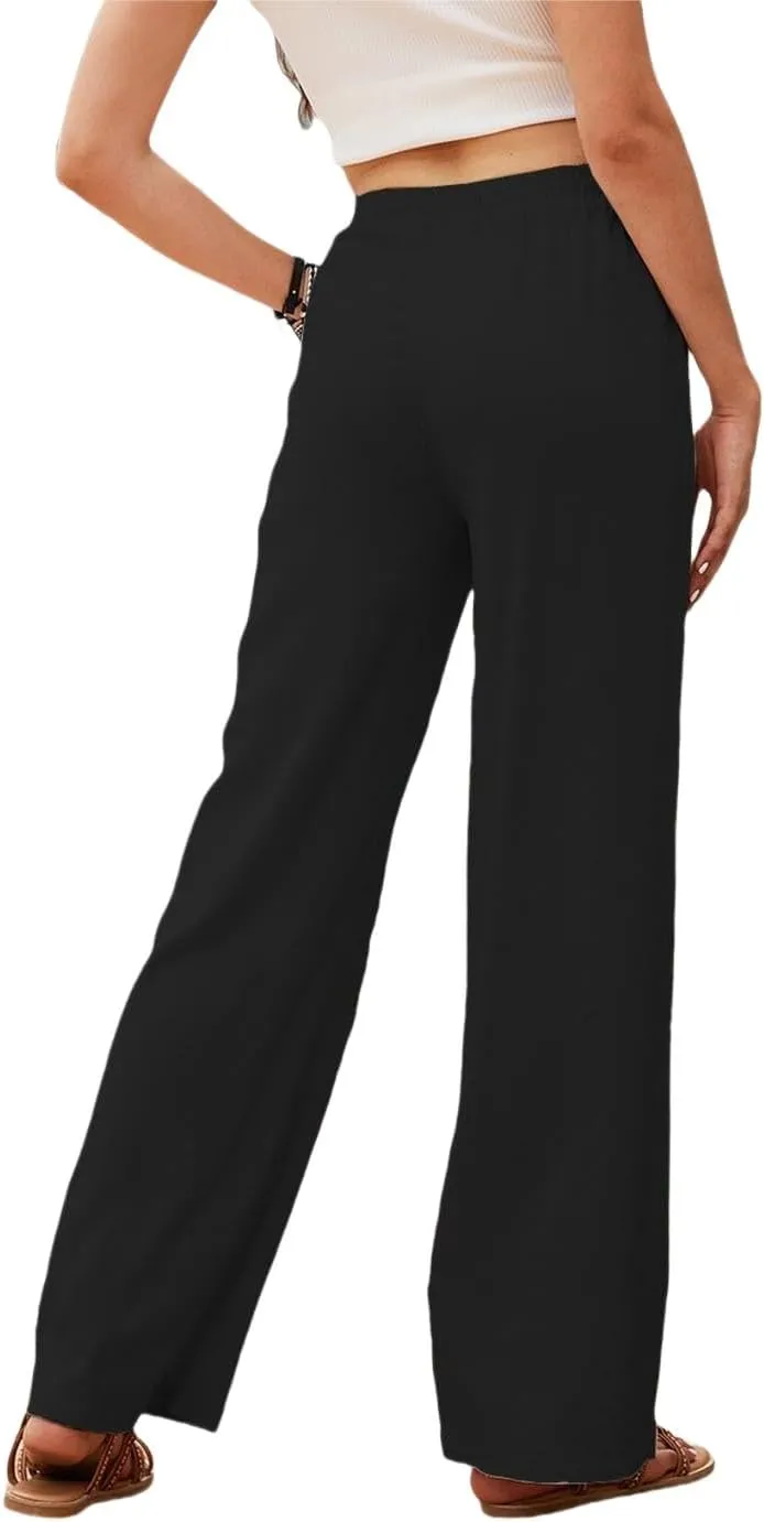 Womens Linen High Waisted Pants Boho Wide Leg Palazzo Beach Pants Drawstring Trousers Summer Outfits