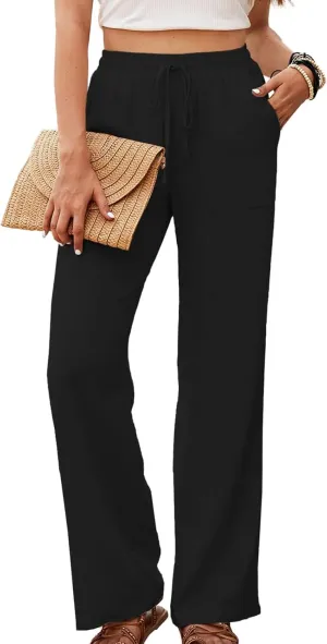 Womens Linen High Waisted Pants Boho Wide Leg Palazzo Beach Pants Drawstring Trousers Summer Outfits