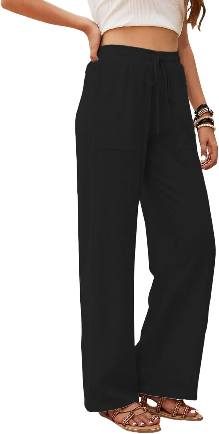 Womens Linen High Waisted Pants Boho Wide Leg Palazzo Beach Pants Drawstring Trousers Summer Outfits