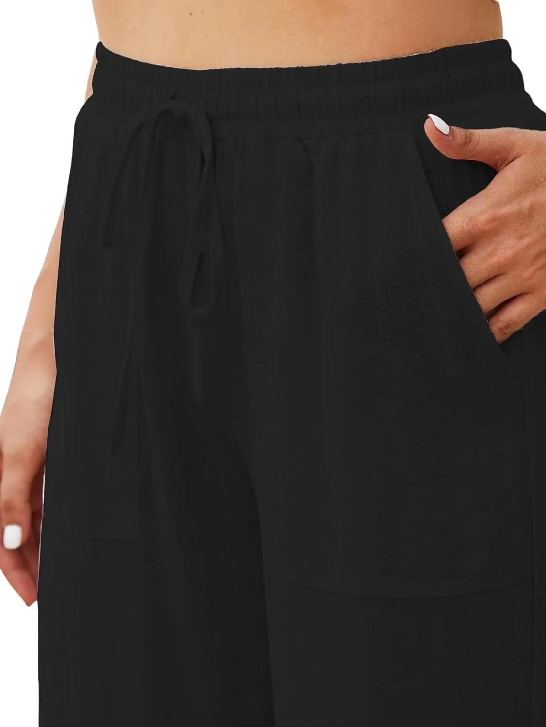 Womens Linen High Waisted Pants Boho Wide Leg Palazzo Beach Pants Drawstring Trousers Summer Outfits