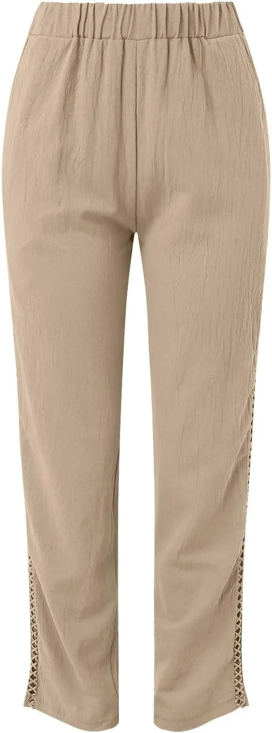 Womens Linen Pants 2025 Summer Elastic High Waist Split Hem Work Pants Casual Loose Drawstring Beach Trousers