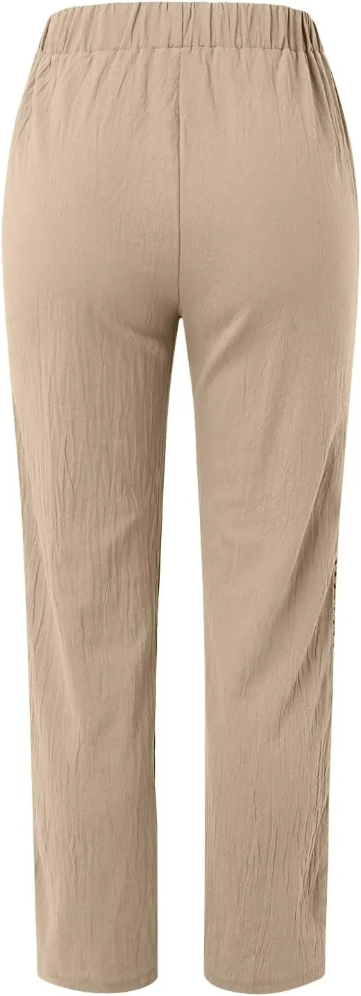 Womens Linen Pants 2025 Summer Elastic High Waist Split Hem Work Pants Casual Loose Drawstring Beach Trousers