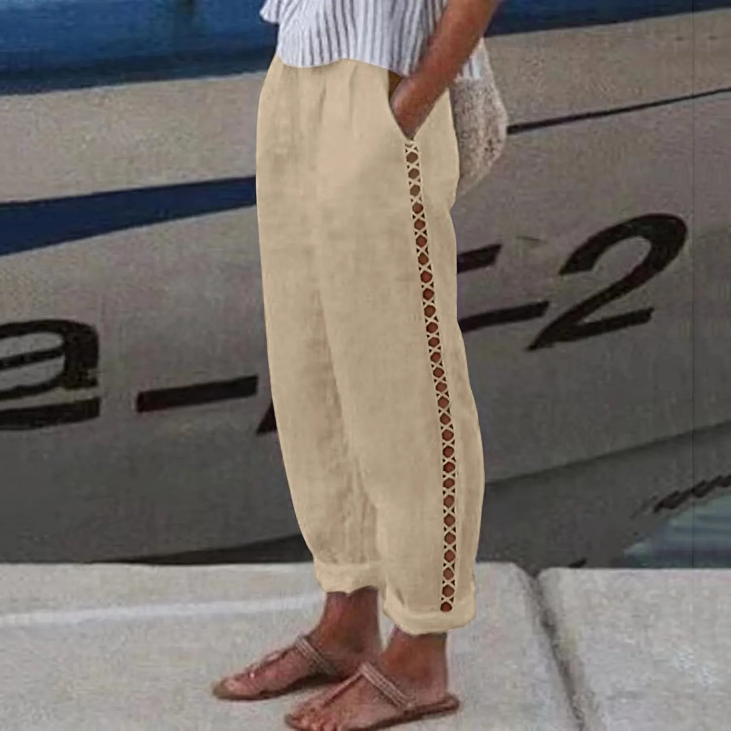 Womens Linen Pants 2025 Summer Elastic High Waist Split Hem Work Pants Casual Loose Drawstring Beach Trousers