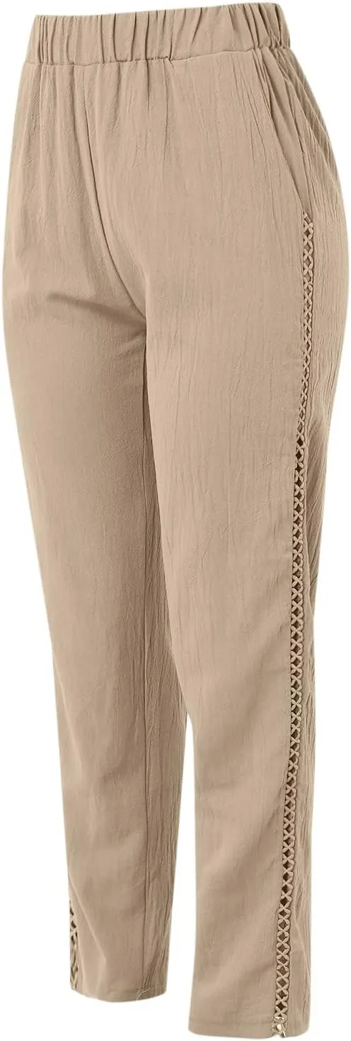 Womens Linen Pants 2025 Summer Elastic High Waist Split Hem Work Pants Casual Loose Drawstring Beach Trousers