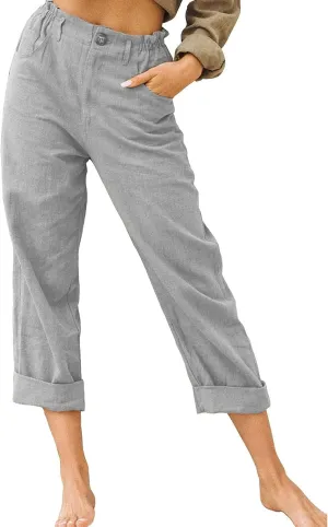 Womens Linen Pants Elastic High Waist Capri Pants 2024 Casual Summer Pants Straight Leg Cropped Trousers with Pocket