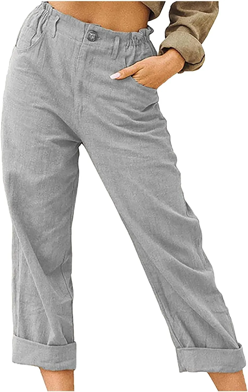 Womens Linen Pants Elastic High Waist Capri Pants 2024 Casual Summer Pants Straight Leg Cropped Trousers with Pocket