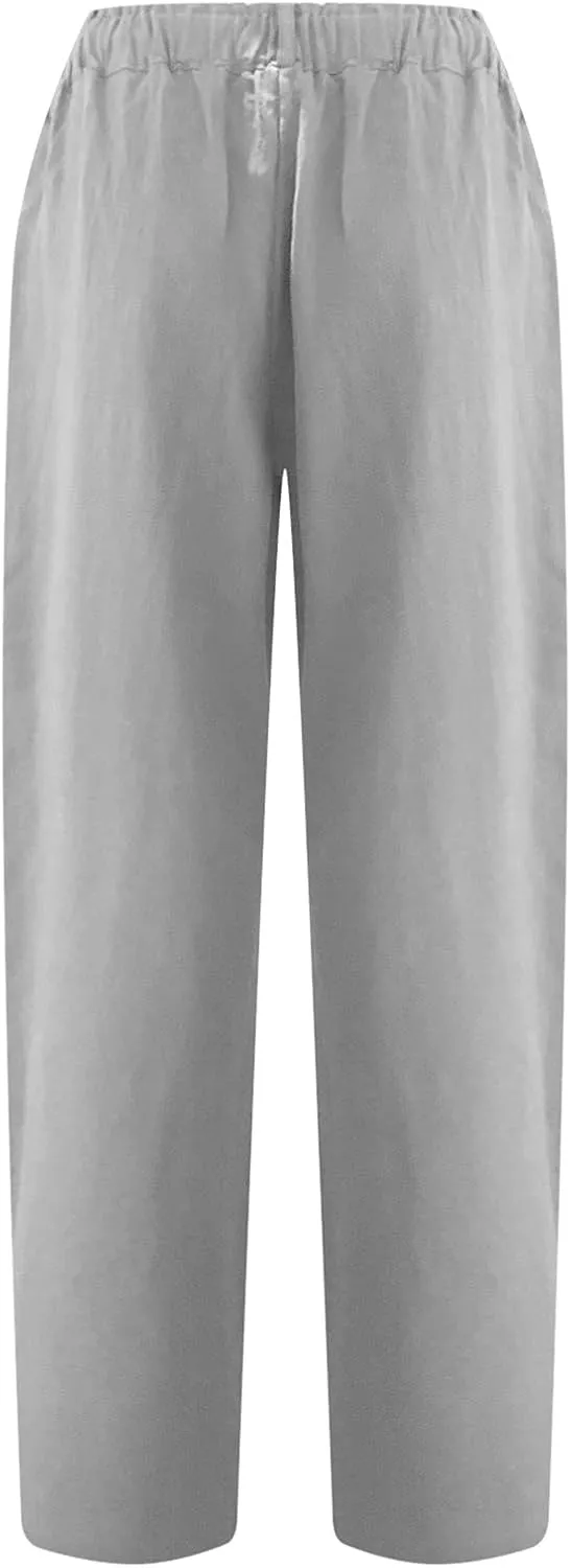 Womens Linen Pants Elastic High Waist Capri Pants 2024 Casual Summer Pants Straight Leg Cropped Trousers with Pocket