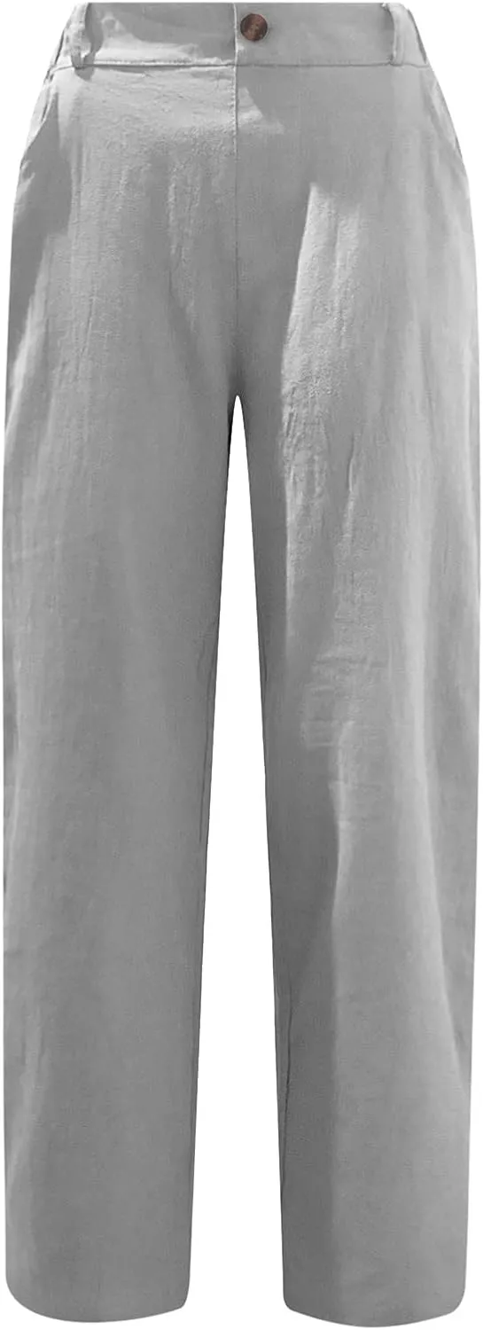 Womens Linen Pants Elastic High Waist Capri Pants 2024 Casual Summer Pants Straight Leg Cropped Trousers with Pocket