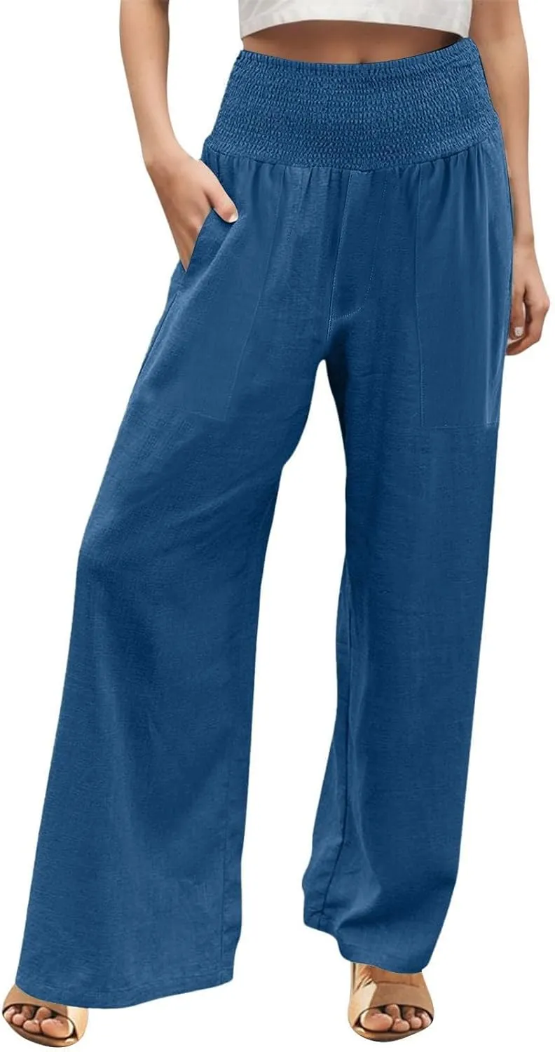 Womens Linen Pants Smocked High Waisted Wide Leg Palazzo Pants Elastic Waist Flowy Boho Beach Trousers with Pockets