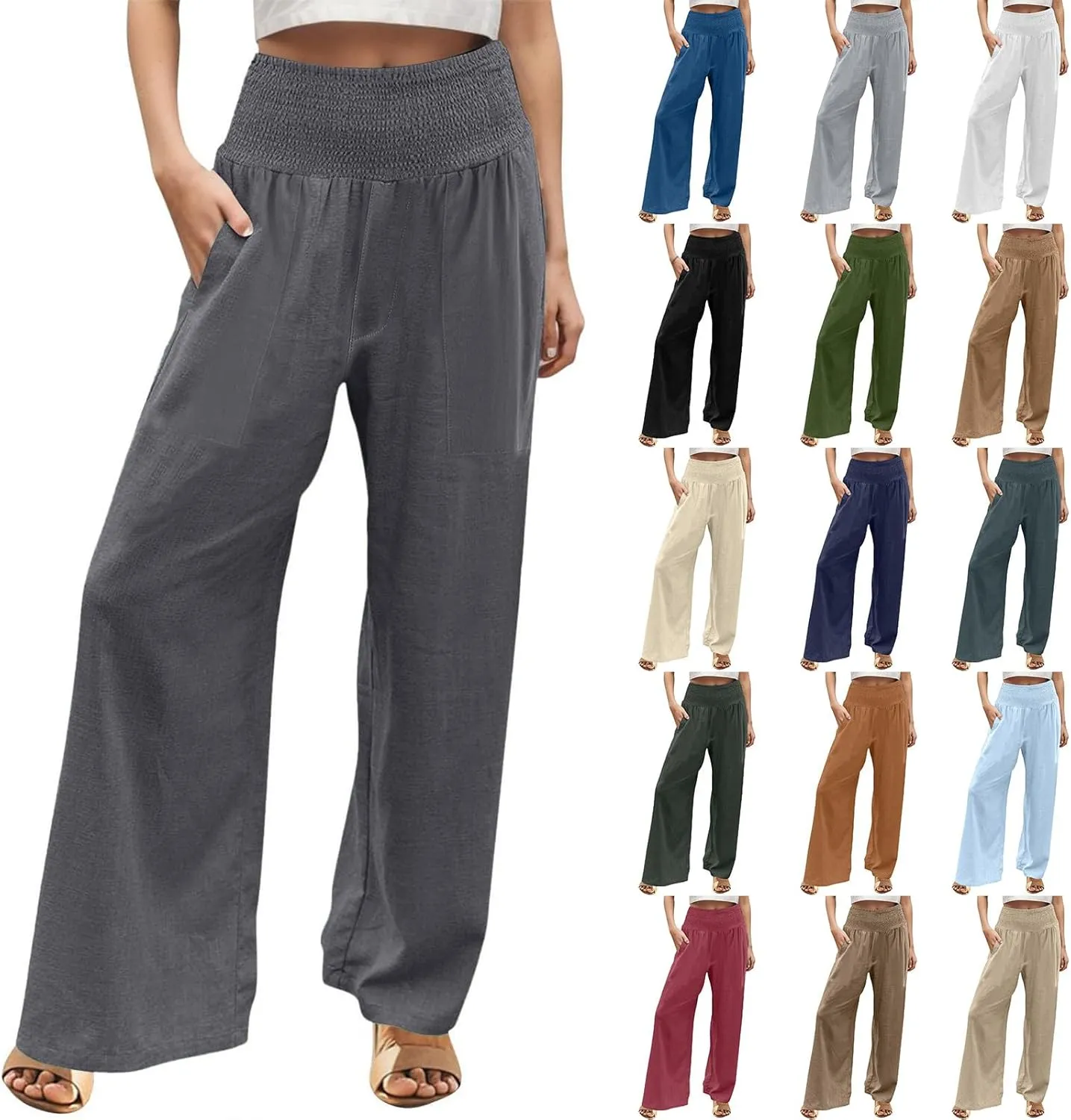 Womens Linen Pants Smocked High Waisted Wide Leg Palazzo Pants Elastic Waist Flowy Boho Beach Trousers with Pockets