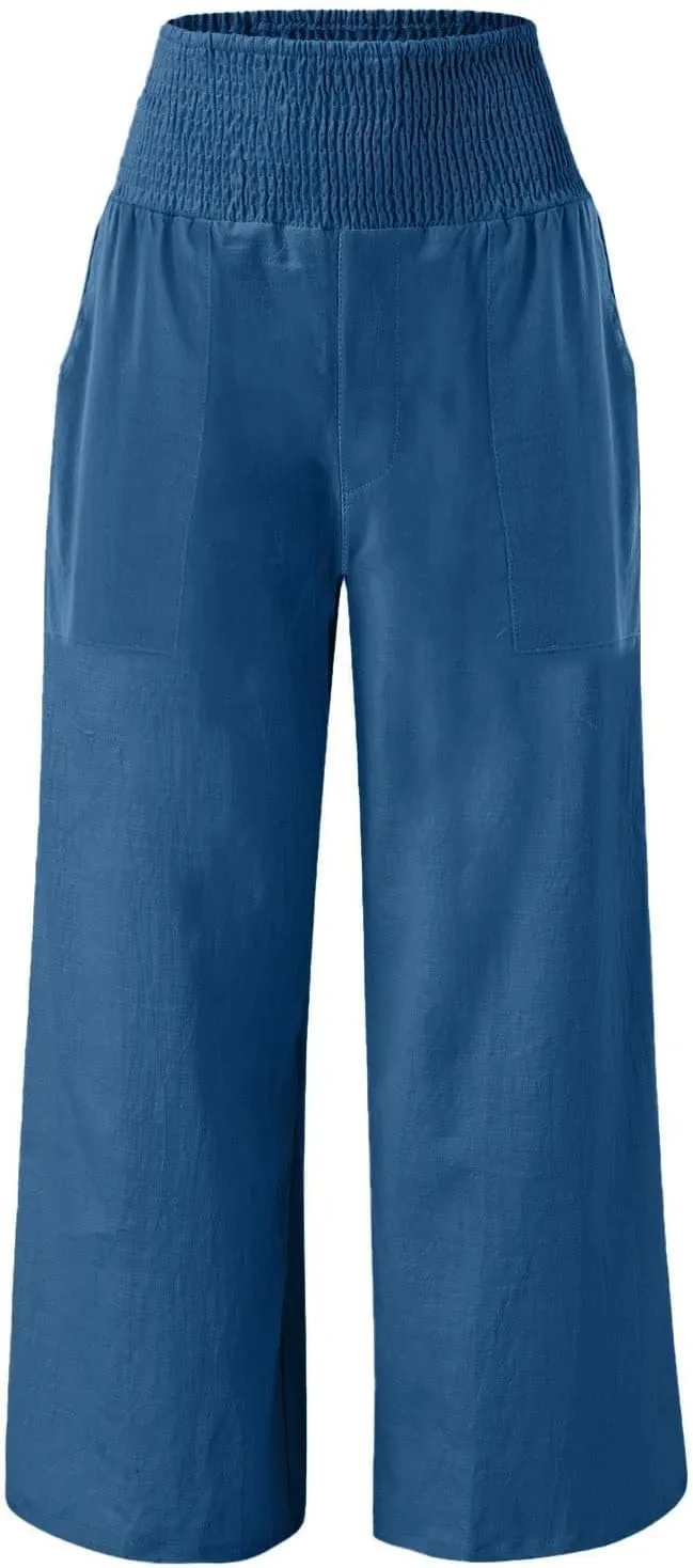 Womens Linen Pants Smocked High Waisted Wide Leg Palazzo Pants Elastic Waist Flowy Boho Beach Trousers with Pockets