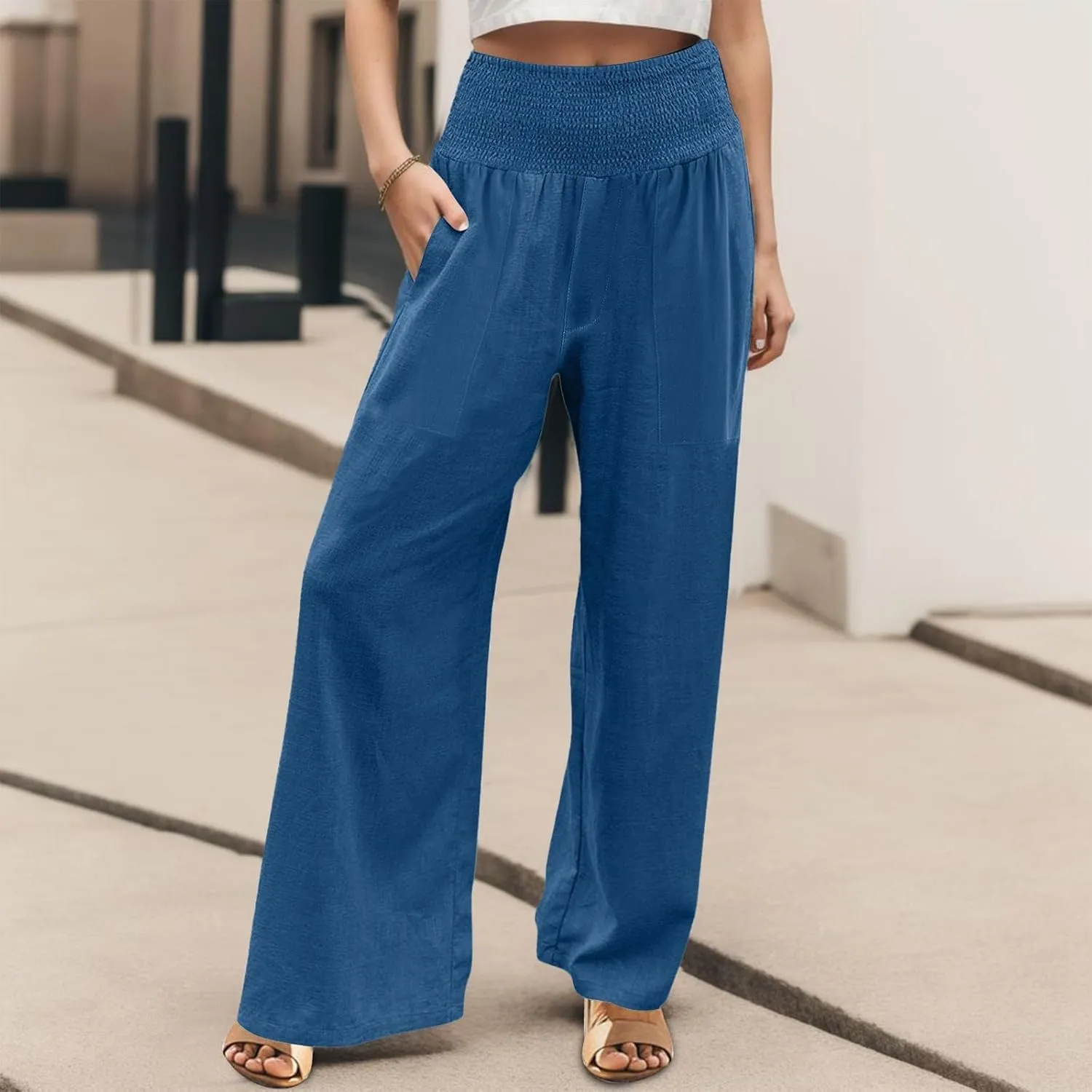 Womens Linen Pants Smocked High Waisted Wide Leg Palazzo Pants Elastic Waist Flowy Boho Beach Trousers with Pockets