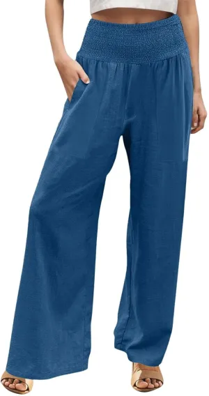 Womens Linen Pants Smocked High Waisted Wide Leg Palazzo Pants Elastic Waist Flowy Boho Beach Trousers with Pockets