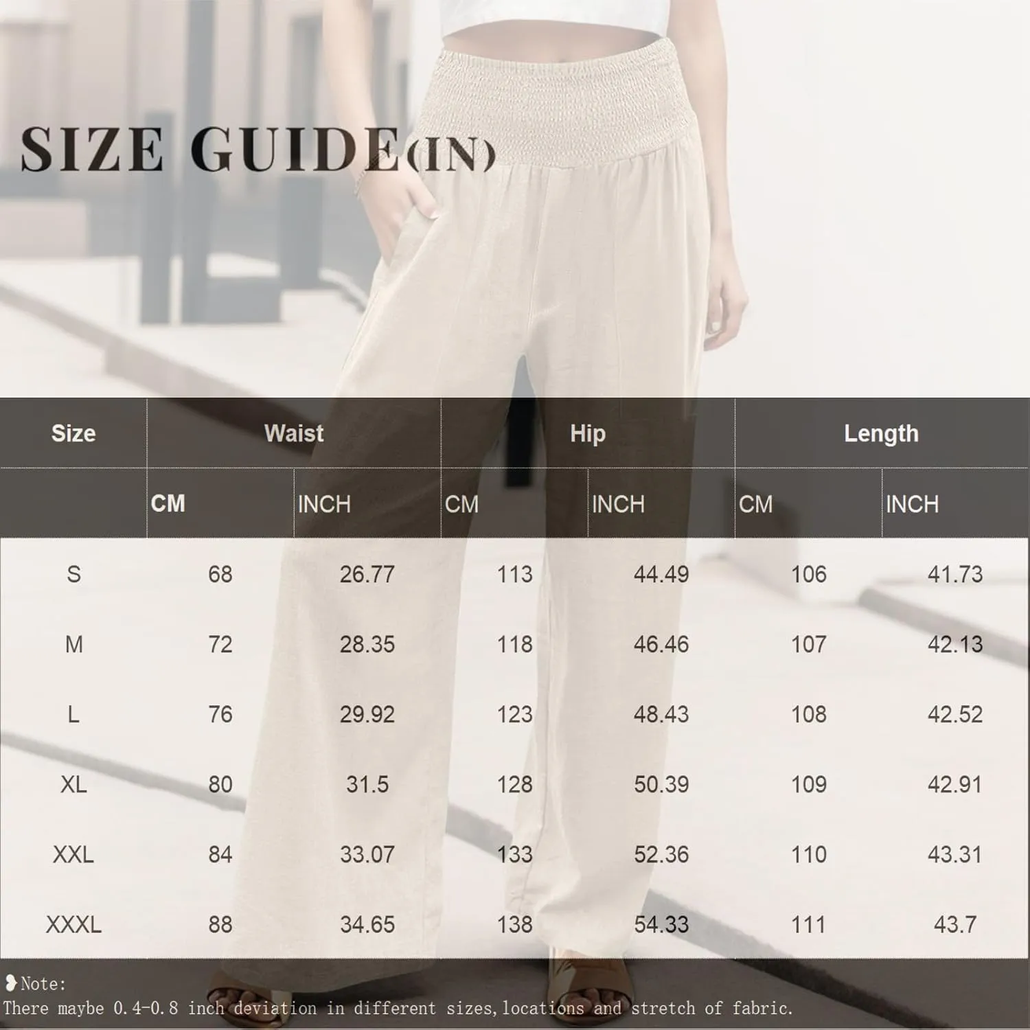 Womens Linen Pants Smocked High Waisted Wide Leg Palazzo Pants Elastic Waist Flowy Boho Beach Trousers with Pockets