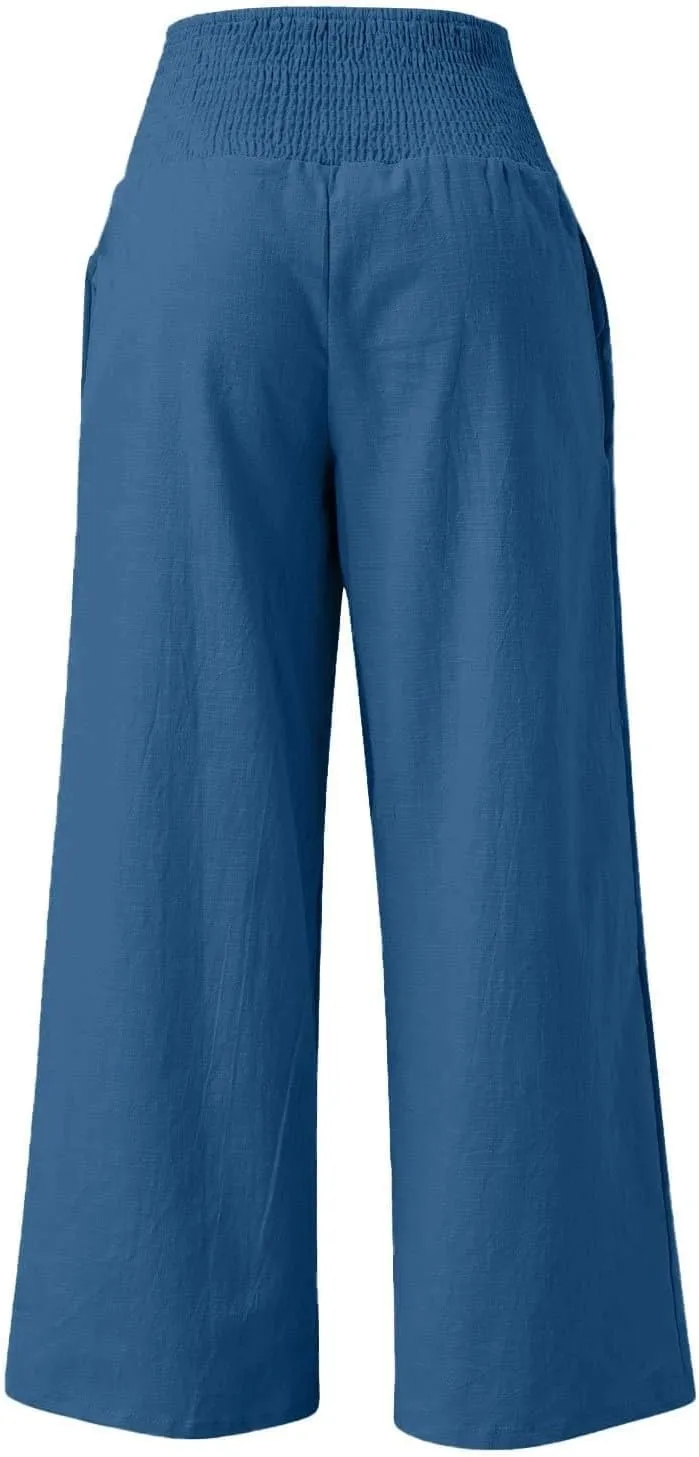 Womens Linen Pants Smocked High Waisted Wide Leg Palazzo Pants Elastic Waist Flowy Boho Beach Trousers with Pockets