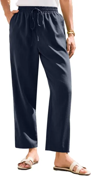 Womens Linen Pants Straight Leg Elastic Drawstring Lightweight Trousers Summer Beach Lounge Pants with Pockets