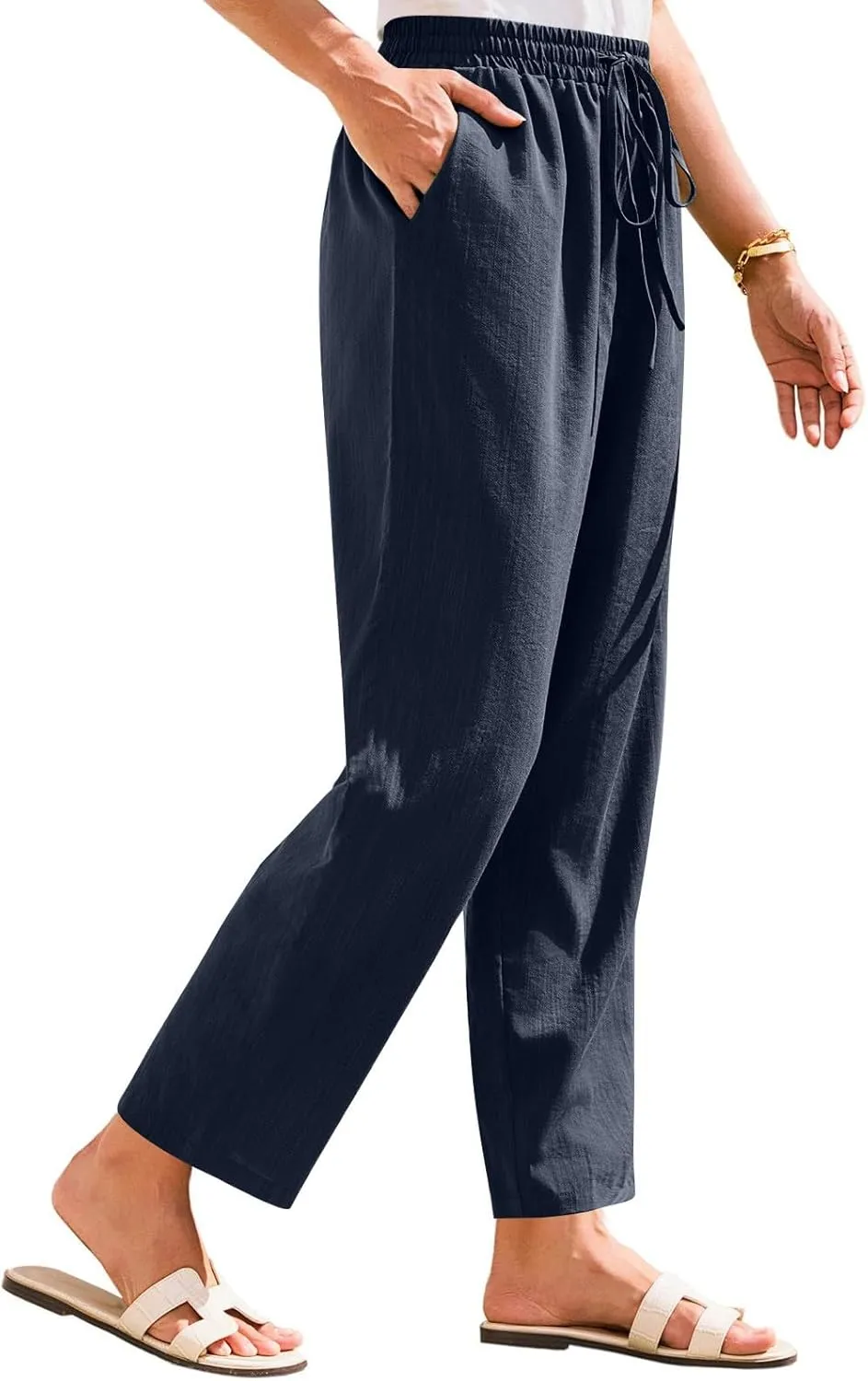 Womens Linen Pants Straight Leg Elastic Drawstring Lightweight Trousers Summer Beach Lounge Pants with Pockets