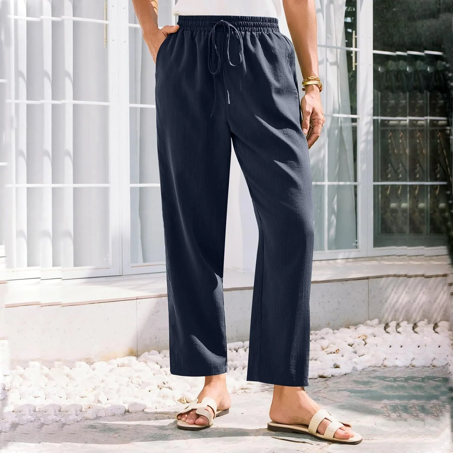 Womens Linen Pants Straight Leg Elastic Drawstring Lightweight Trousers Summer Beach Lounge Pants with Pockets