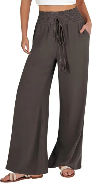 Women's Linen Pants Summer Casual Palazzo Beach Pant Drawstring High Waist Wide Leg Trousers Vacation Outfits