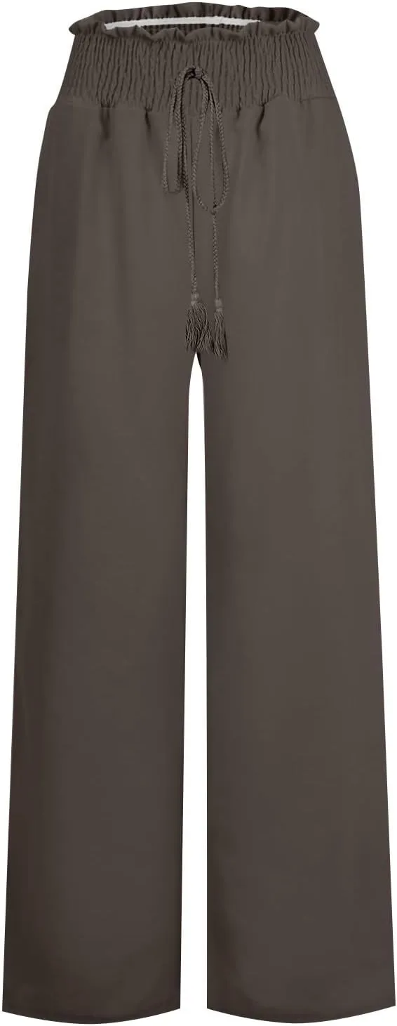 Women's Linen Pants Summer Casual Palazzo Beach Pant Drawstring High Waist Wide Leg Trousers Vacation Outfits