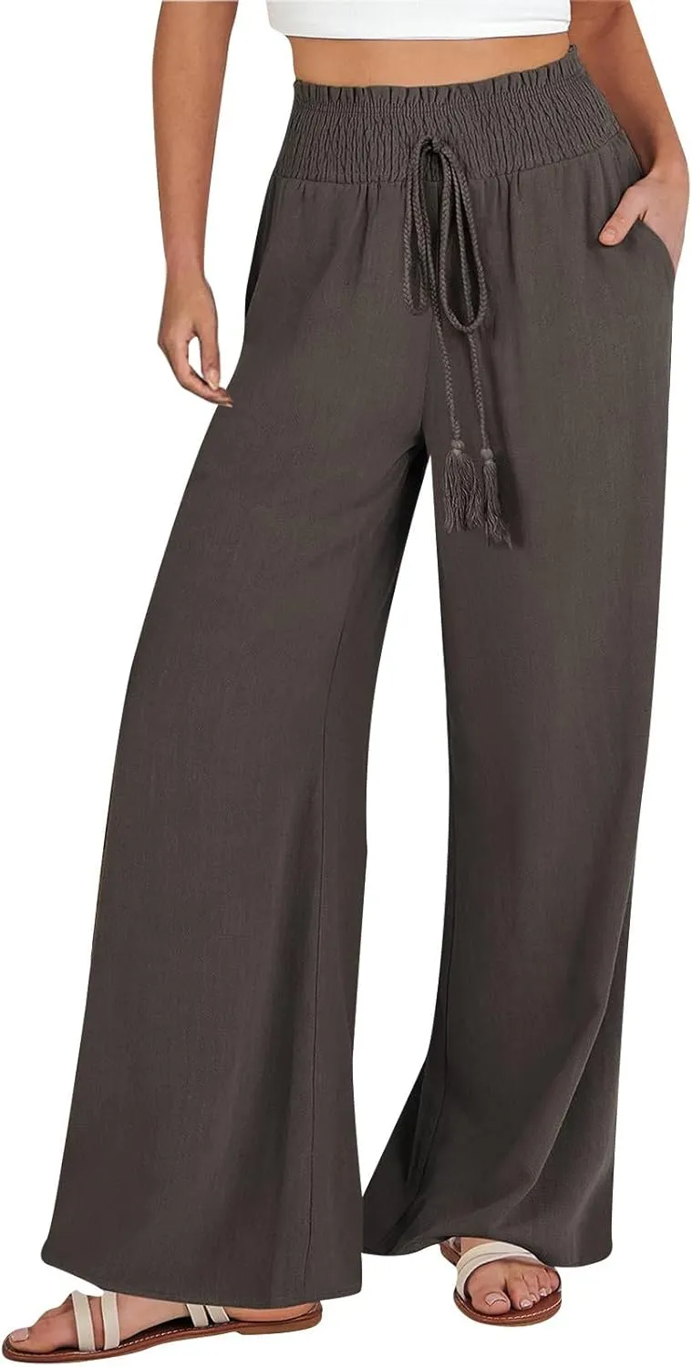 Women's Linen Pants Summer Casual Palazzo Beach Pant Drawstring High Waist Wide Leg Trousers Vacation Outfits