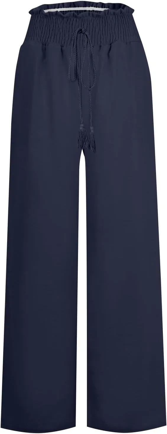 Women's Linen Pants Summer Casual Palazzo Beach Pant Drawstring High Waist Wide Leg Trousers Vacation Outfits