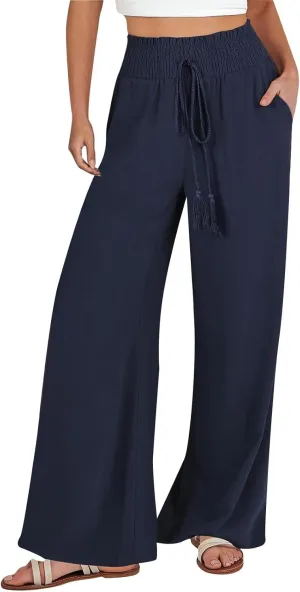 Women's Linen Pants Summer Casual Palazzo Beach Pant Drawstring High Waist Wide Leg Trousers Vacation Outfits