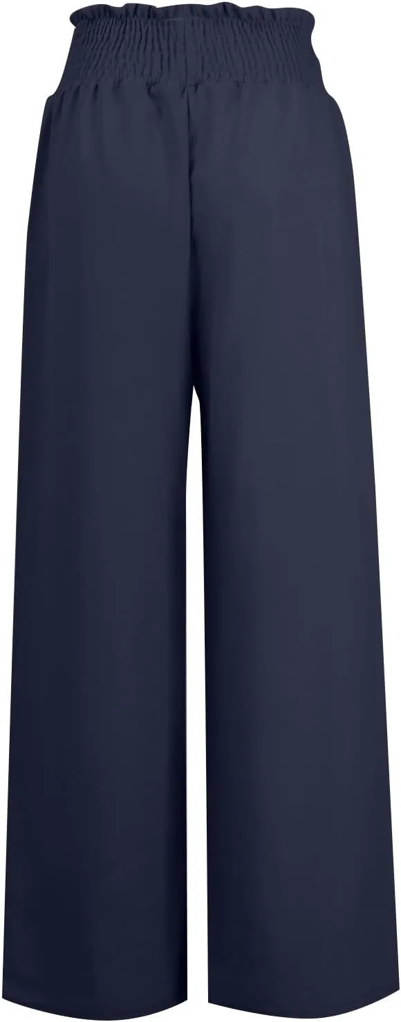 Women's Linen Pants Summer Casual Palazzo Beach Pant Drawstring High Waist Wide Leg Trousers Vacation Outfits