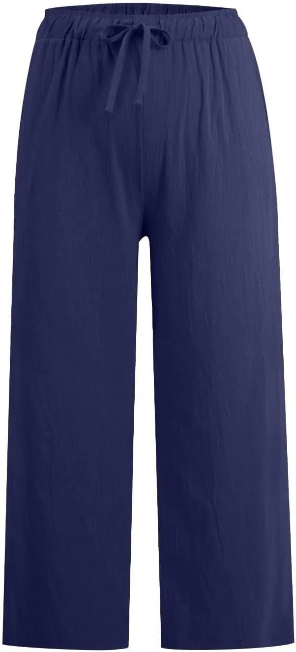 Womens Linen Pants Summer Wide Leg Lounge Cropped Pants with Pockets Drawstring Elastic Waist Beach Trousers 2025