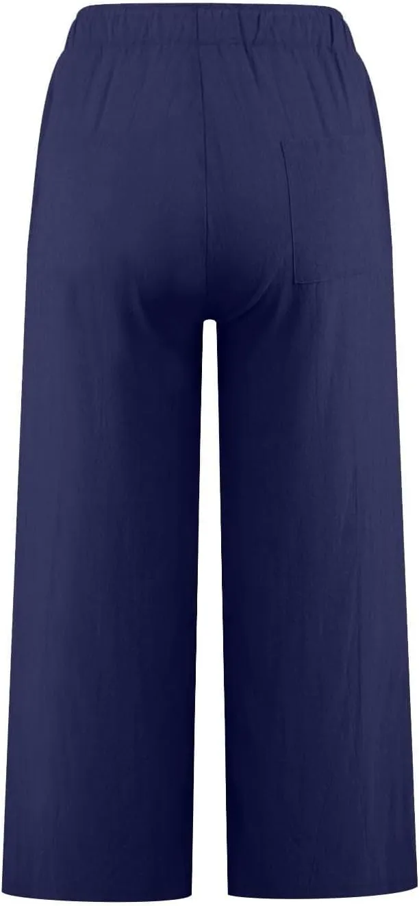 Womens Linen Pants Summer Wide Leg Lounge Cropped Pants with Pockets Drawstring Elastic Waist Beach Trousers 2025