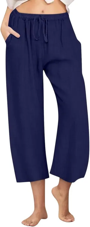 Womens Linen Pants Summer Wide Leg Lounge Cropped Pants with Pockets Drawstring Elastic Waist Beach Trousers 2025