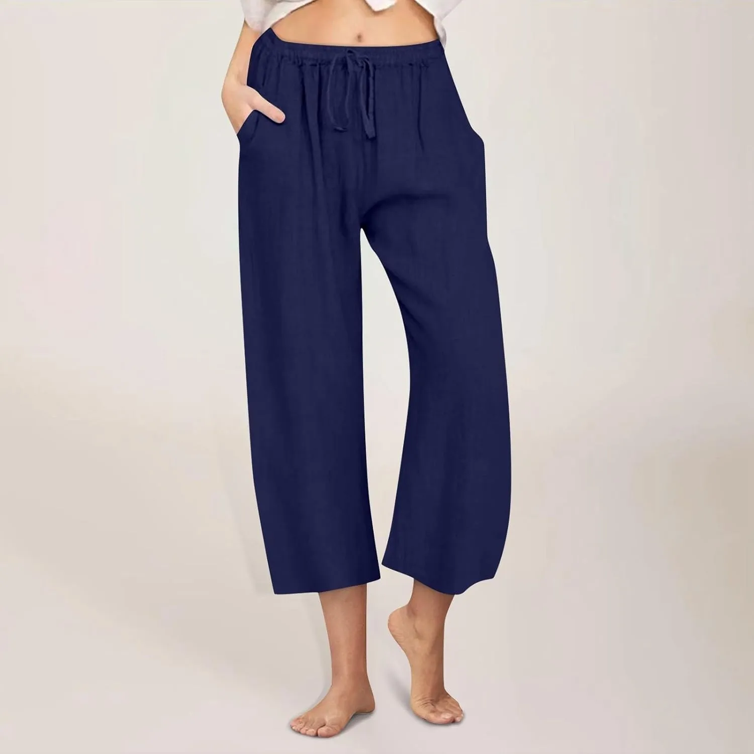 Womens Linen Pants Summer Wide Leg Lounge Cropped Pants with Pockets Drawstring Elastic Waist Beach Trousers 2025