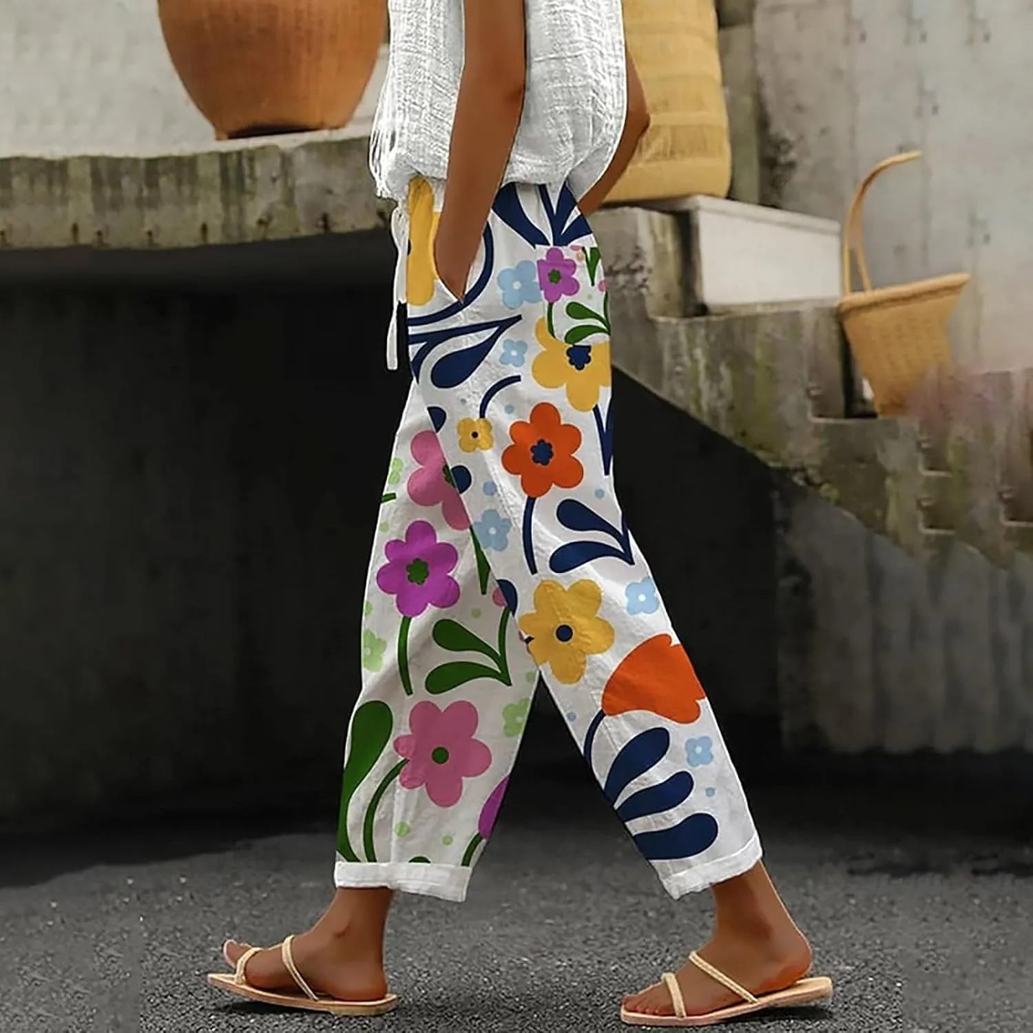 Womens Linen Pants with Pockets High Waist Boho Floral Print Comfy Gauze Pants Casual Lightweight Loose Trousers