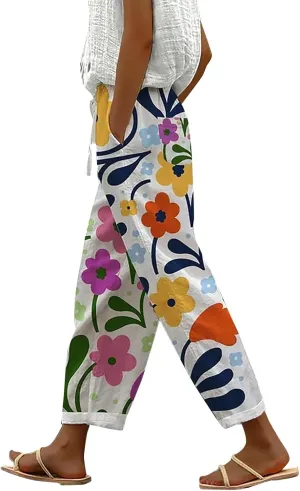 Womens Linen Pants with Pockets High Waist Boho Floral Print Comfy Gauze Pants Casual Lightweight Loose Trousers