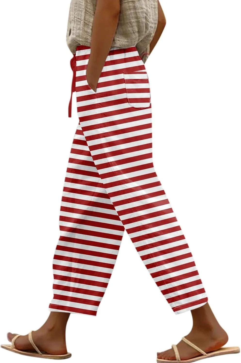 Womens Linen Pants with Pockets High Waist Straight Leg Drawstring Tie Dye Pants Casua Lightweight Loose Trousers