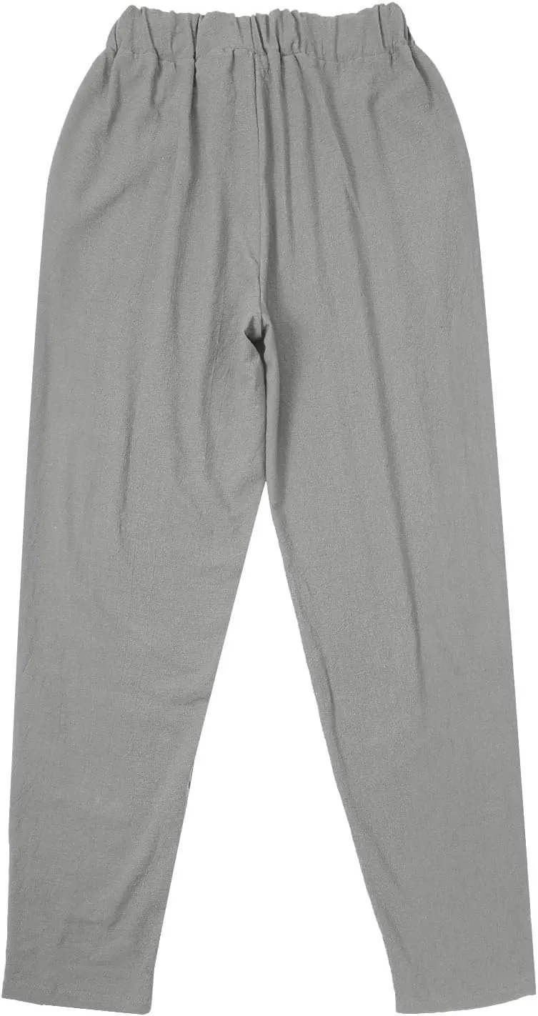 Women's Linen Pants with Pockets Quick Dry Side Hollow Out Cropped Pants Summer Beach Lightweight Elastic Waist Pants