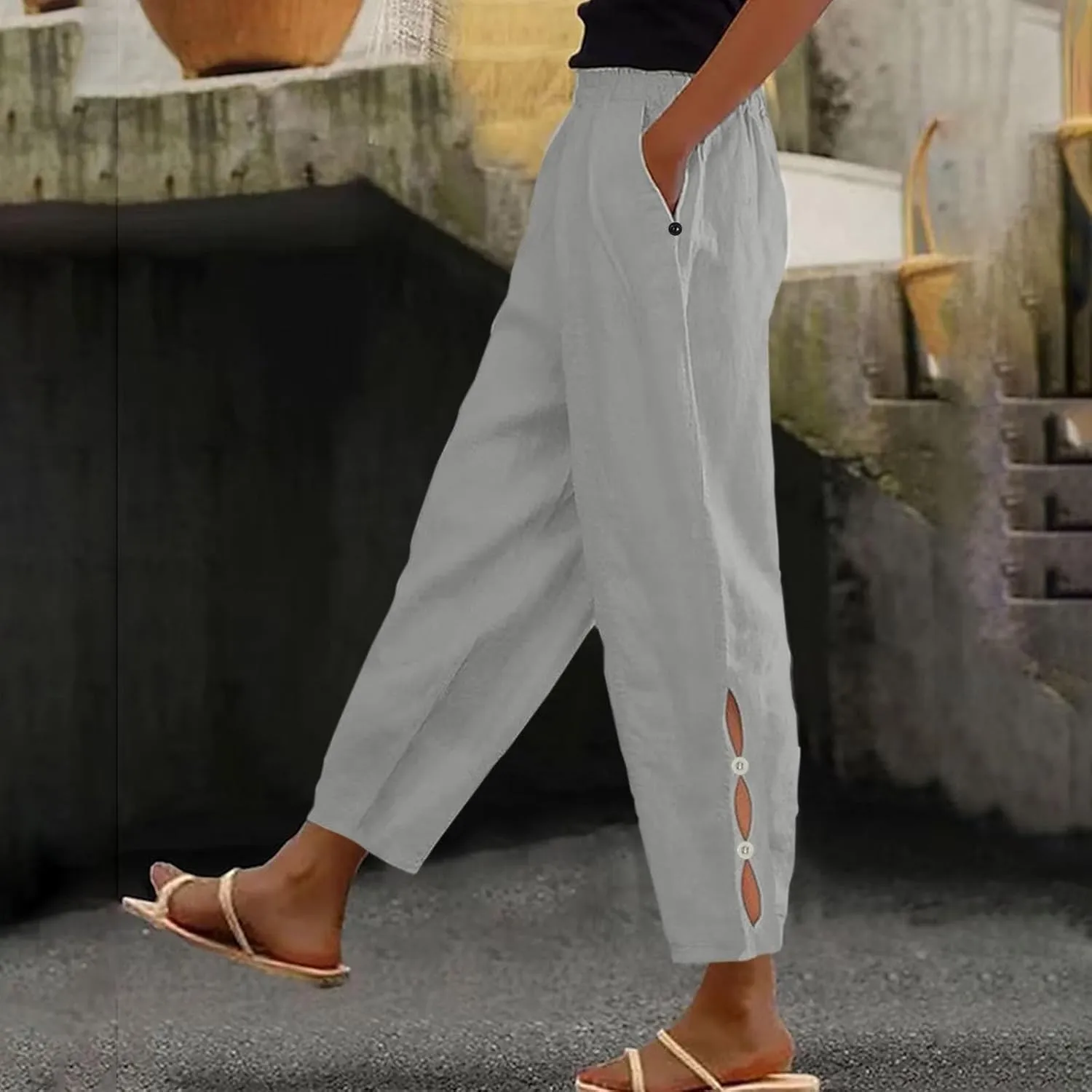 Women's Linen Pants with Pockets Quick Dry Side Hollow Out Cropped Pants Summer Beach Lightweight Elastic Waist Pants